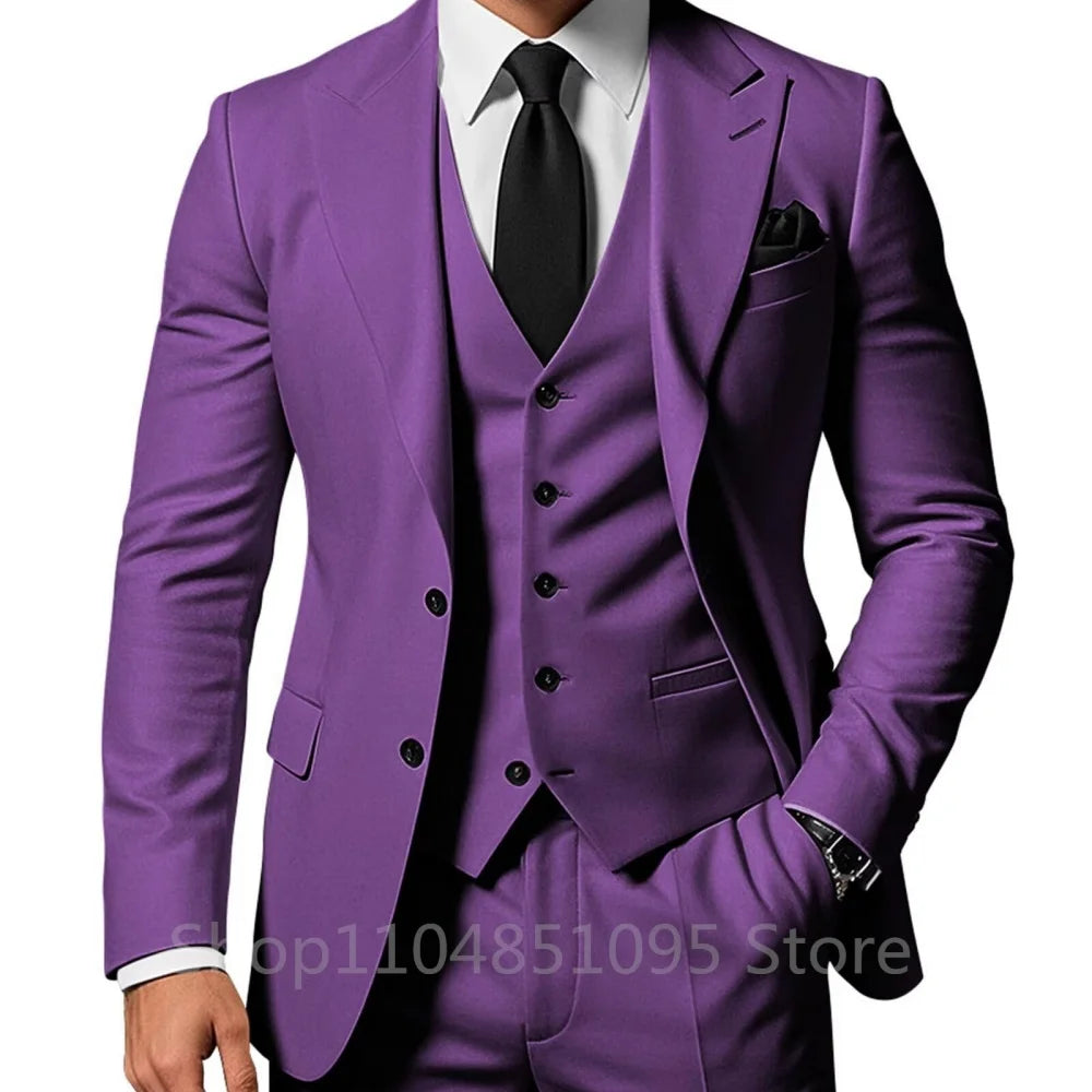 3 Piece Solid Wedding Men Suits Formal Groom Tuxedos Prom Party Male Suits Fashion Men Clothing Set Peak Lapel Jacket Pants Vest