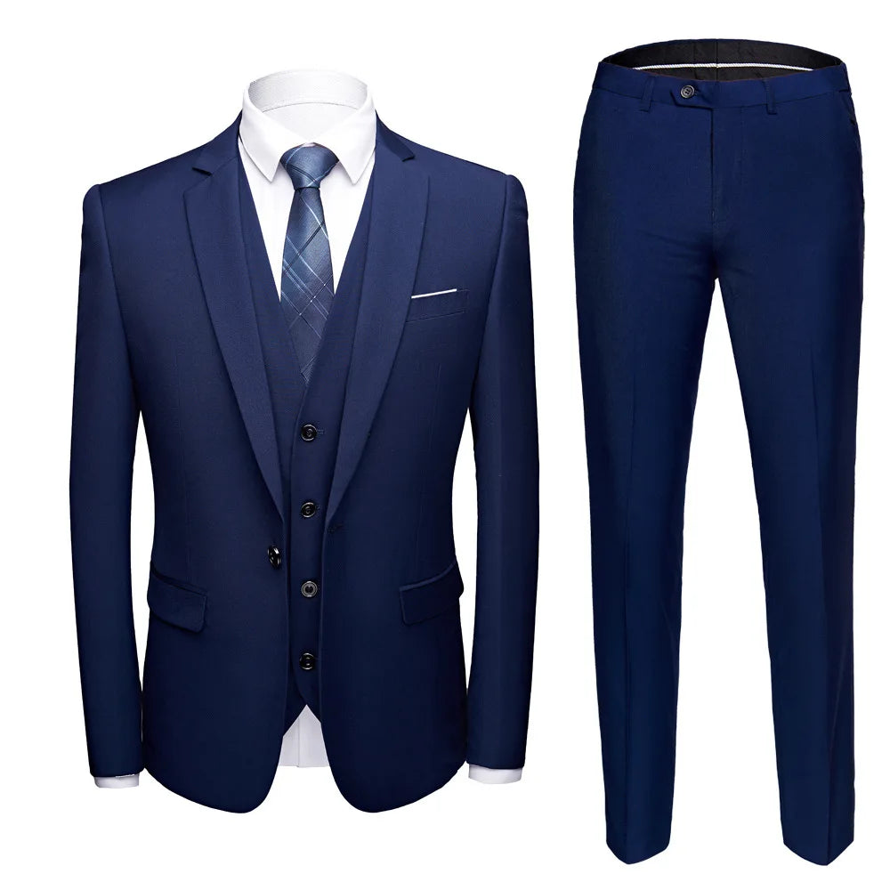 Men Suit Set Simple Solid Color Long Sleeve Male Outfit Single-breasted Slim Business Wedding Versatile Men Three-piece Suits