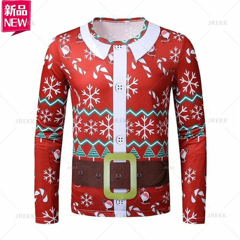 3D Printing Happy Christmas Long Sleeve T Shirt Suit Lapels Christmas Cosplay Graphic  Long Sleeve Crew Neck Shirt Mens Clothing