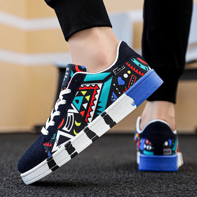 Men's Canvas Sneakers - Breathable Lace-Up Casual Shoes with Graffiti Design