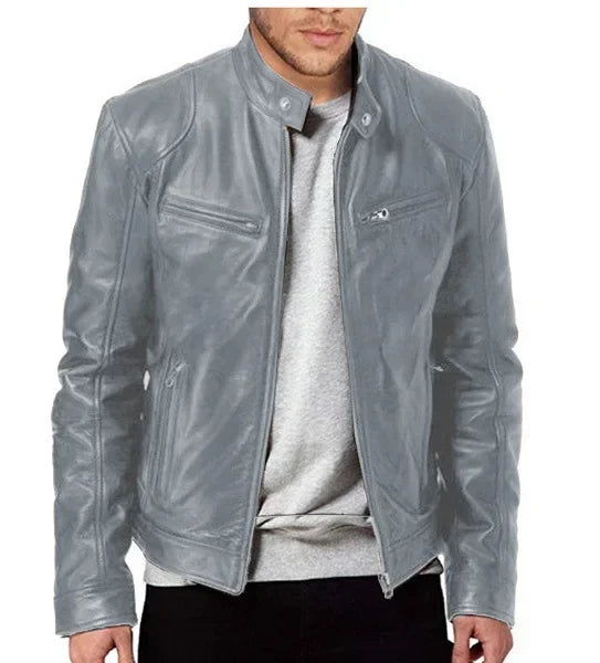 Mens Motorcycle PU Leather Jacket Slim Fit Short-Coat Autumn New Zipper Stand Windproof