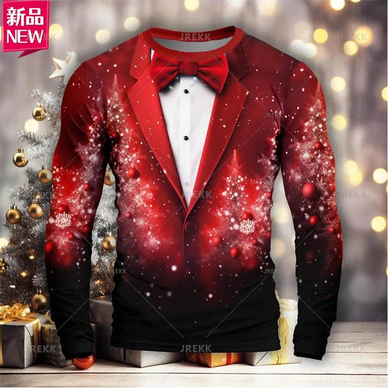 3D Printing Happy Christmas Long Sleeve T Shirt Suit Lapels Christmas Cosplay Graphic  Long Sleeve Crew Neck Shirt Mens Clothing