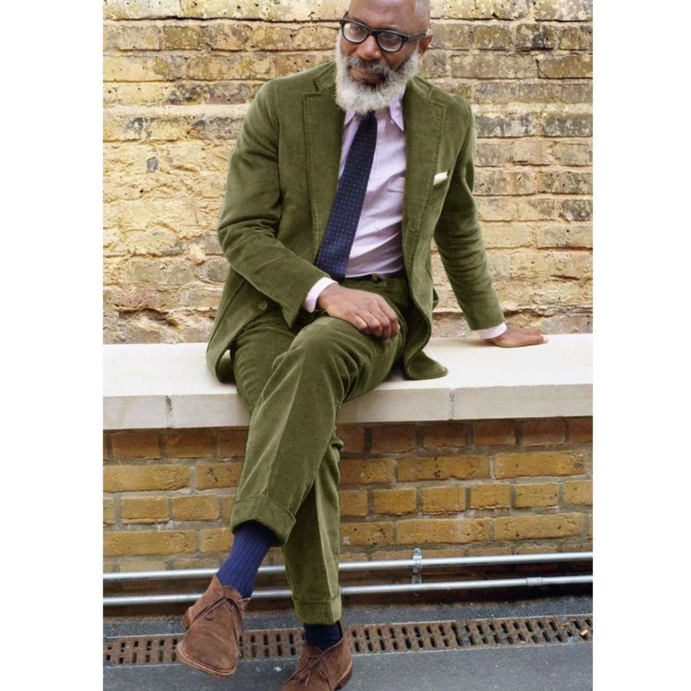 Men's Corduroy Casual Suit Fashion Single Breasted 2 Piece Set Jacket Blazer Pant Business Workwear Groom's Tailcoat Suit