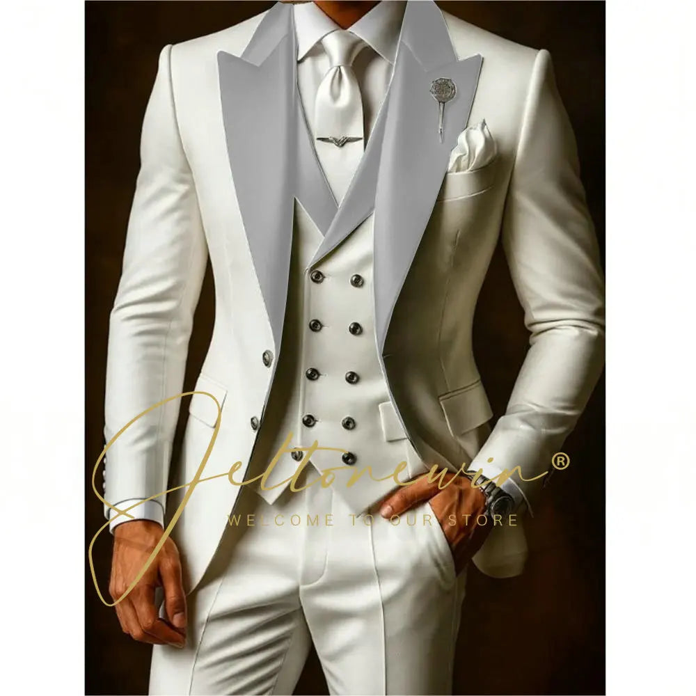 White Suit Set For Men Wedding Party Fashion Blazer Vest Pants Formal  Groom Groomsmen Tailor-made Male High Quality Tuxedos