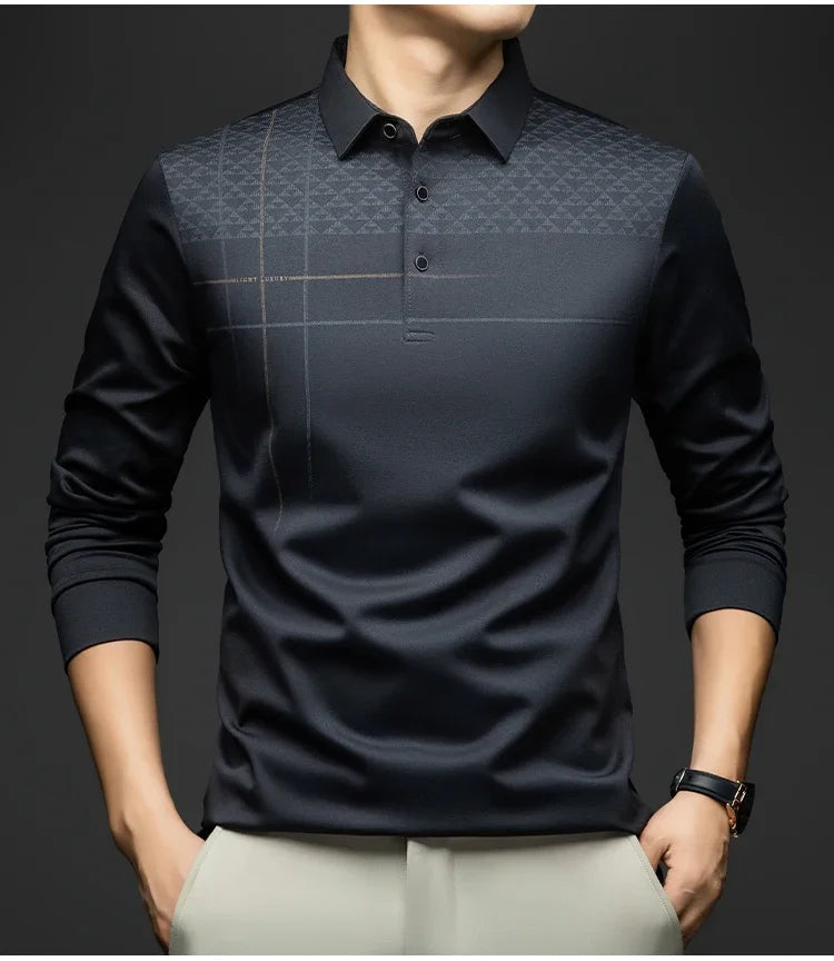 Formal Polo Tshirts Men Graphic Design Long Sleeve Shirt Collar Office Work Polo Tops Man Clothing
