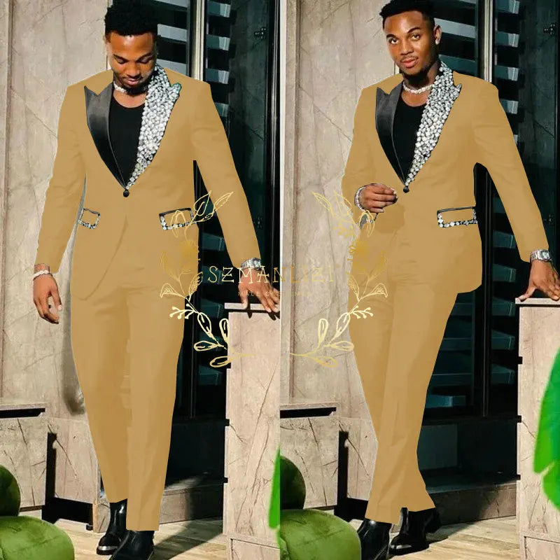 Slim Fit Suit Single Breasted Peak Lapel Blazer High Quality Crystal Prom Party 2 Piece Jacket & Pants for Men