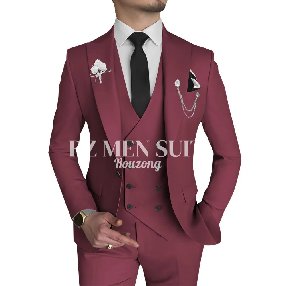 Men's 3 Piece Slim Fit Double Breasted Formal Suit for Wedding Prom Dinner Party