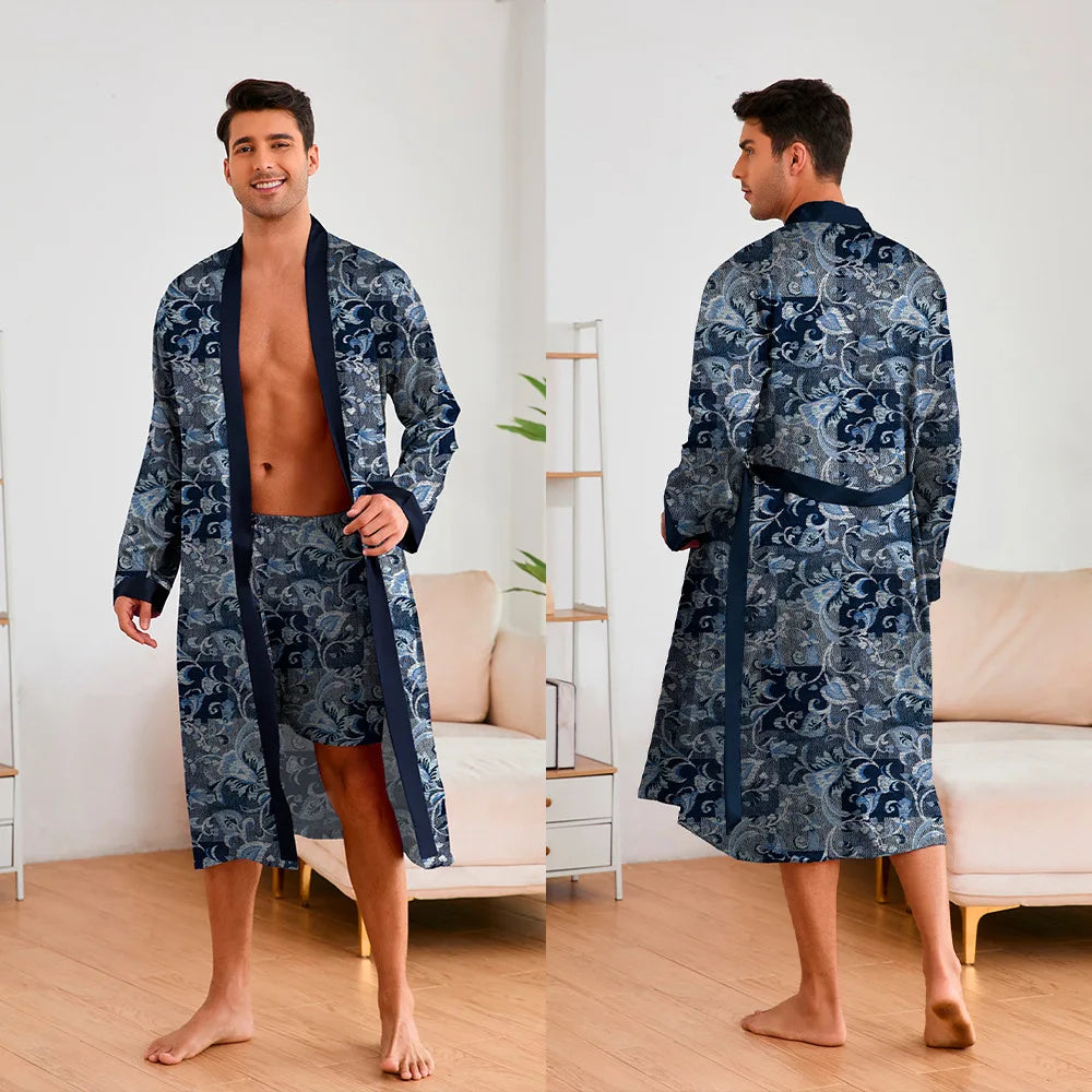 Men's Kimono Bathrobe Set - Luxury Ice Silk Robe & Pajamas