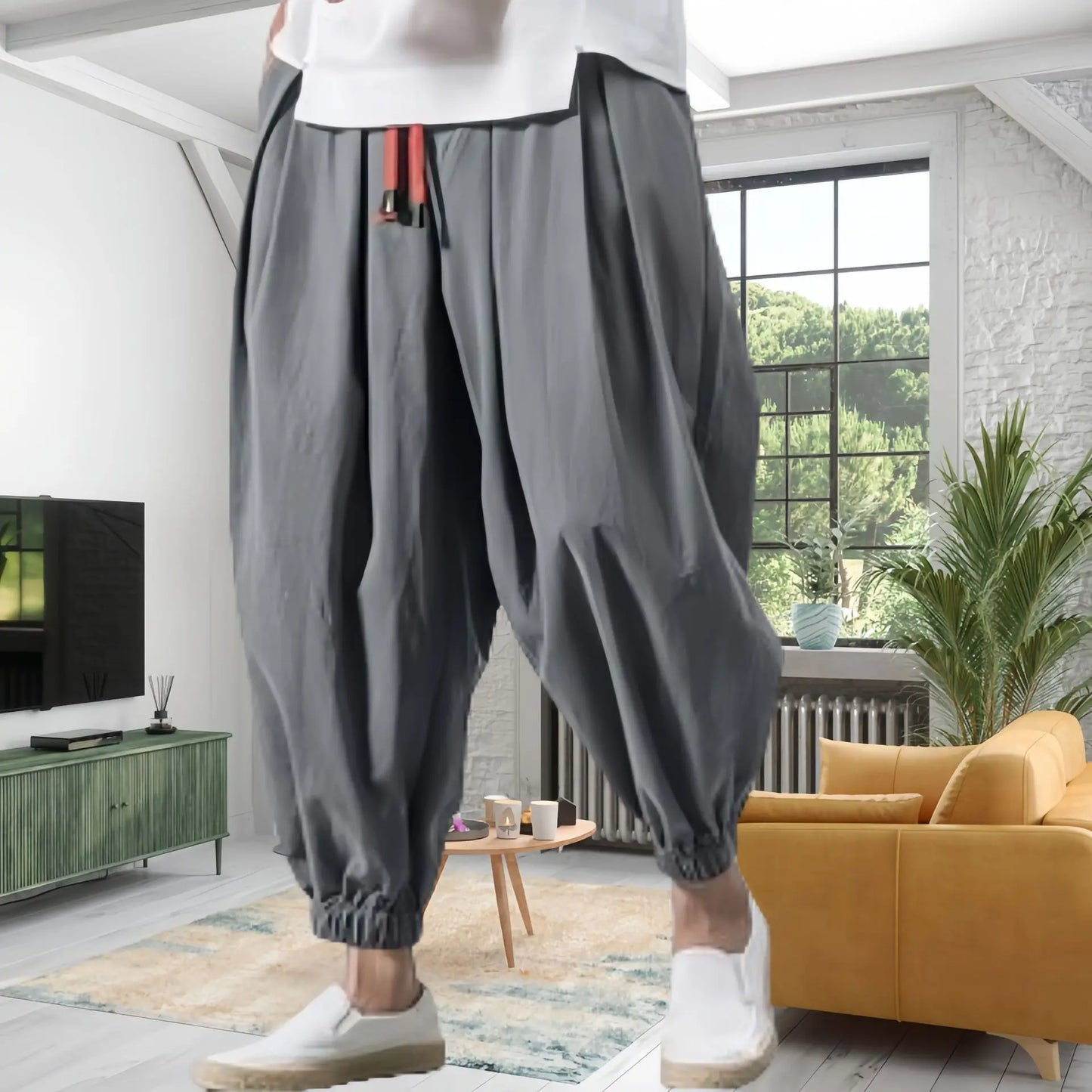 Men's Chinese Style Linen Harem Pants - Oversized Casual Joggers