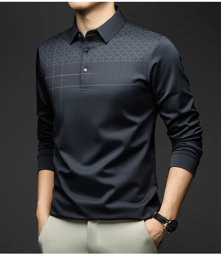 Formal Polo Tshirts Men Graphic Design Long Sleeve Shirt Collar Office Work Polo Tops Man Clothing