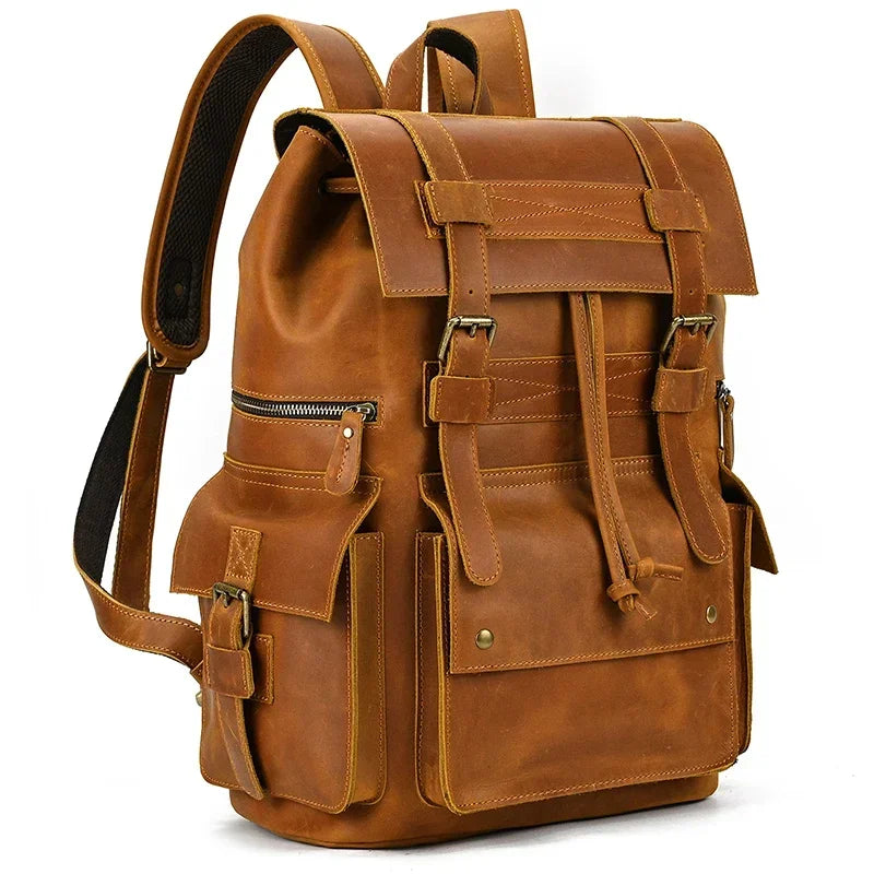 Premium Genuine Leather Laptop Backpack - 17 Inch Travel Daypack for Men
