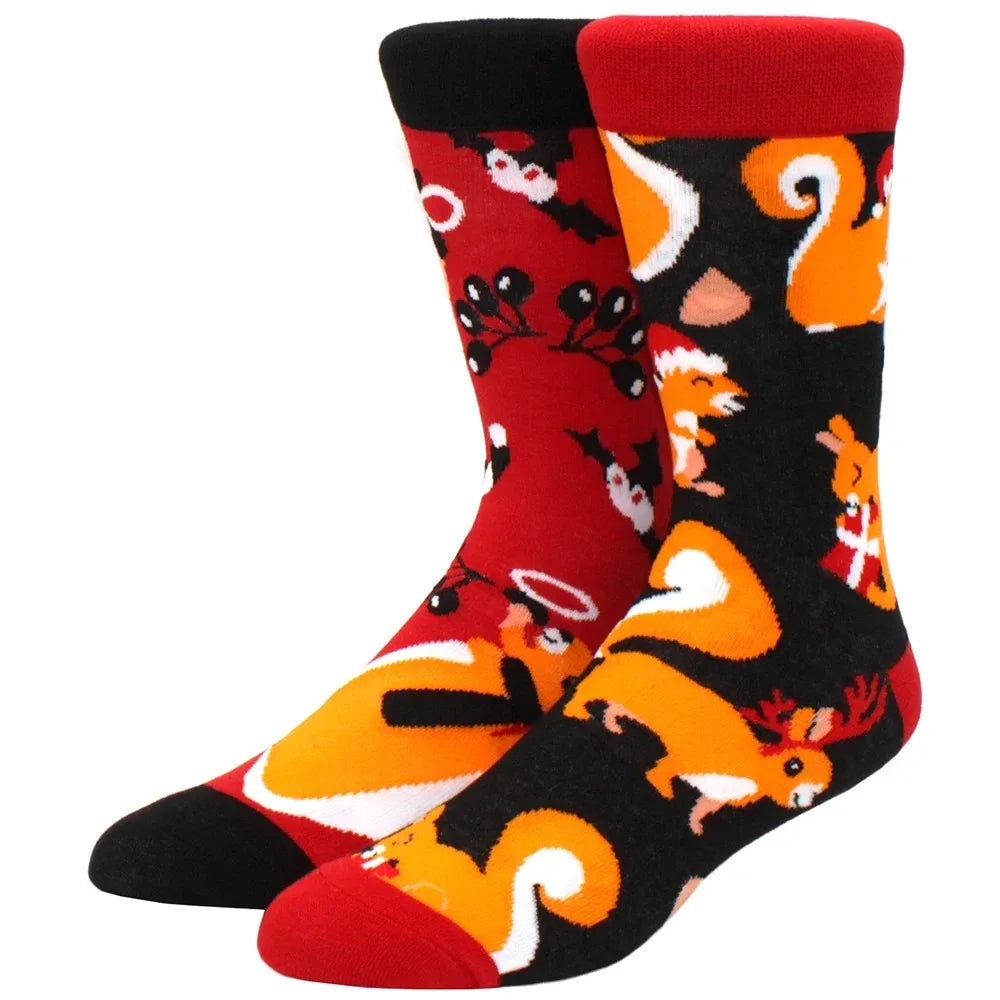 Men's Novelty Cotton Crew Socks - Mismatched Animal & Fruit Design
