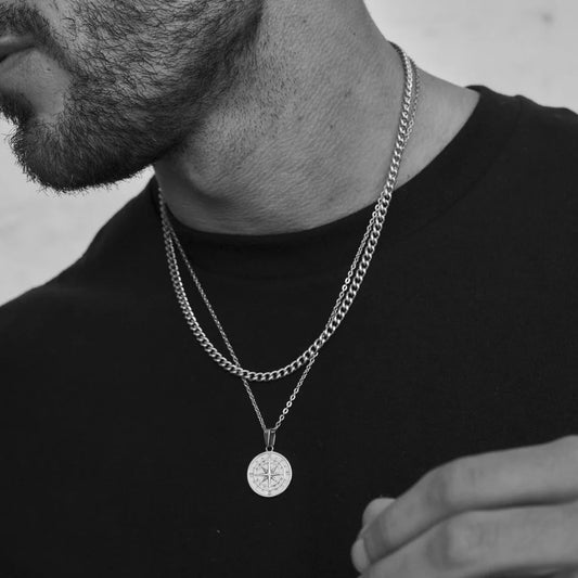 Vnox Layered Necklaces for Men Compass Pendant and Stainless Steel Cuban Figaro Wheat Chain - Casual Retro Collar Style
