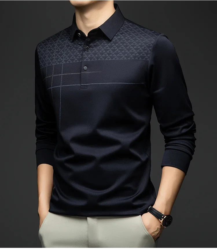 Formal Polo Tshirts Men Graphic Design Long Sleeve Shirt Collar Office Work Polo Tops Man Clothing