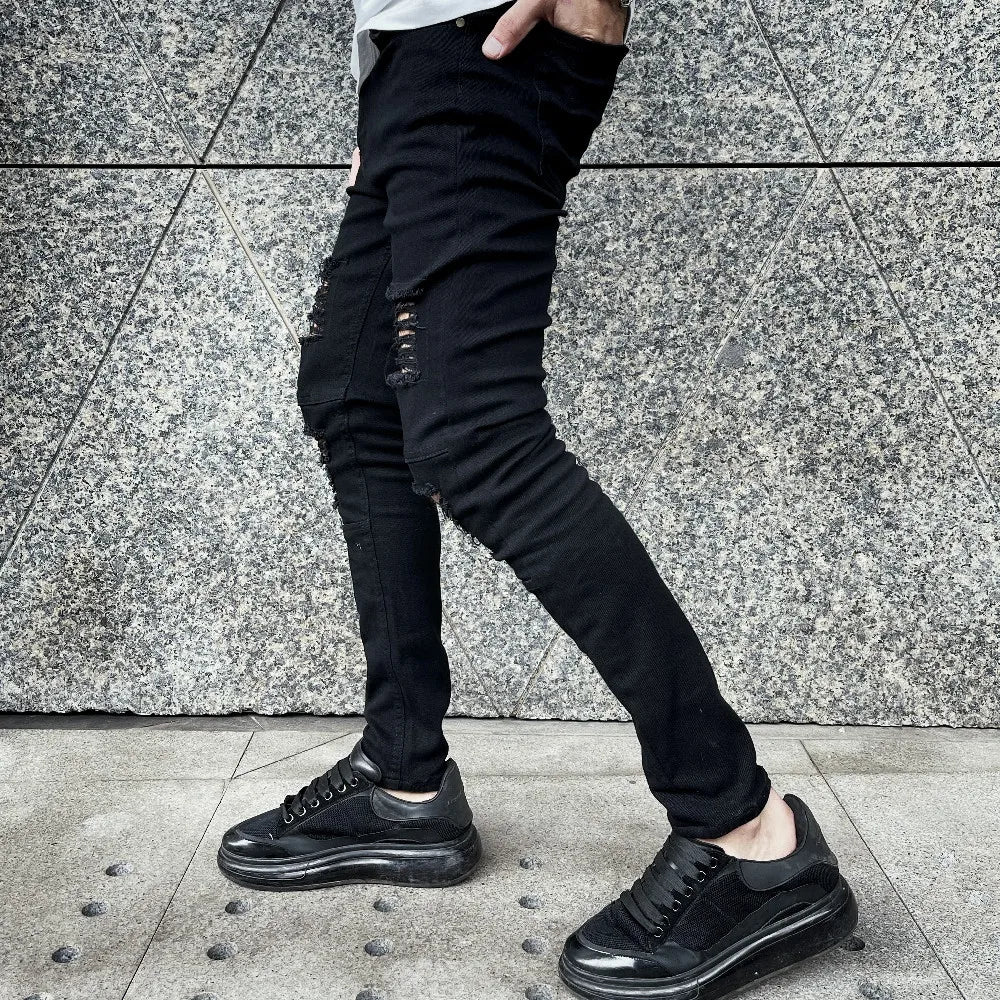 Men's Slim Fit Ripped Denim Jeans - Hip Hop Street Style