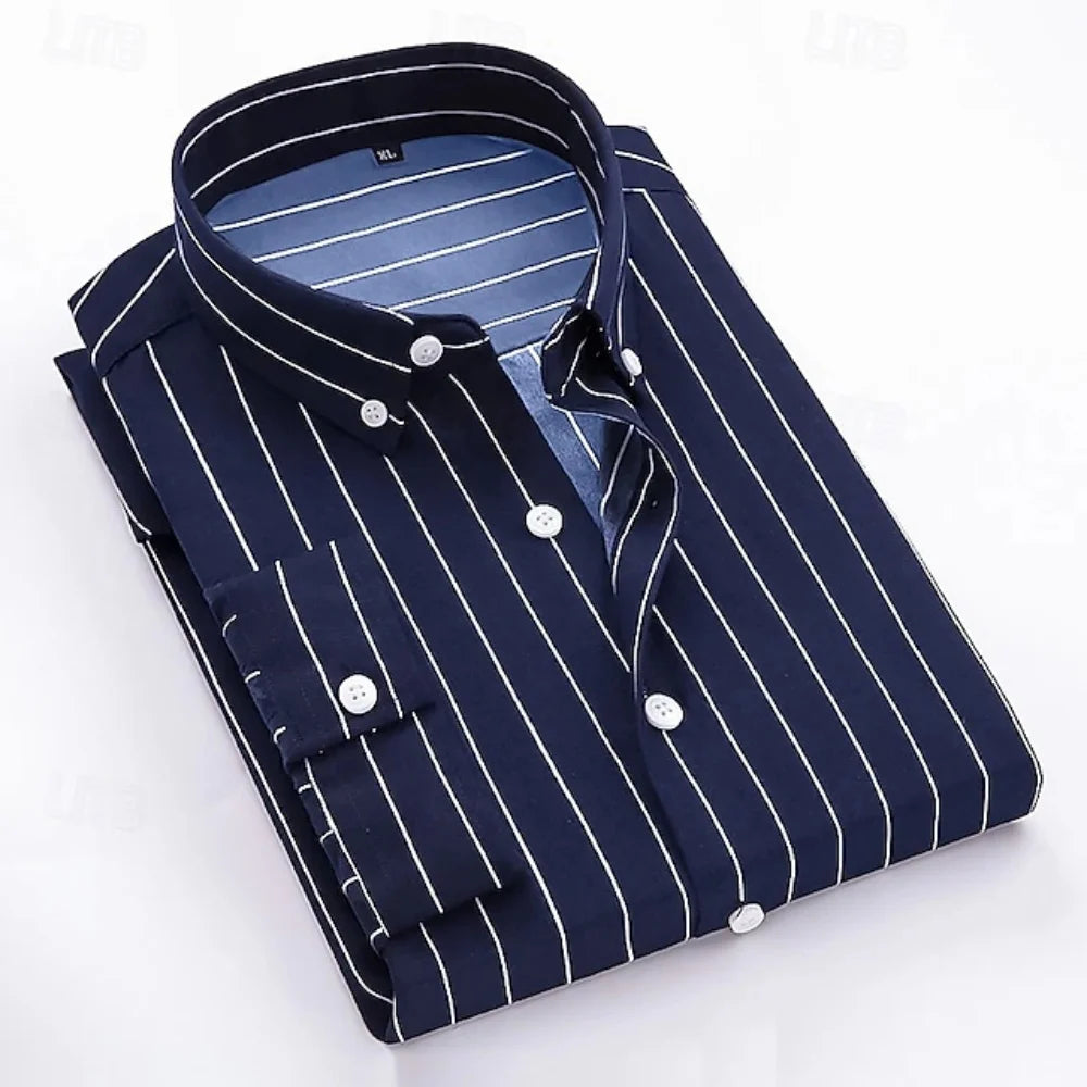 2026 Men's Formal Shirt - Horizontal Stripe Shirt - Buttoned Collar Shirt - Soft Fabrics Shirt - Wedding Style - Black - White -
