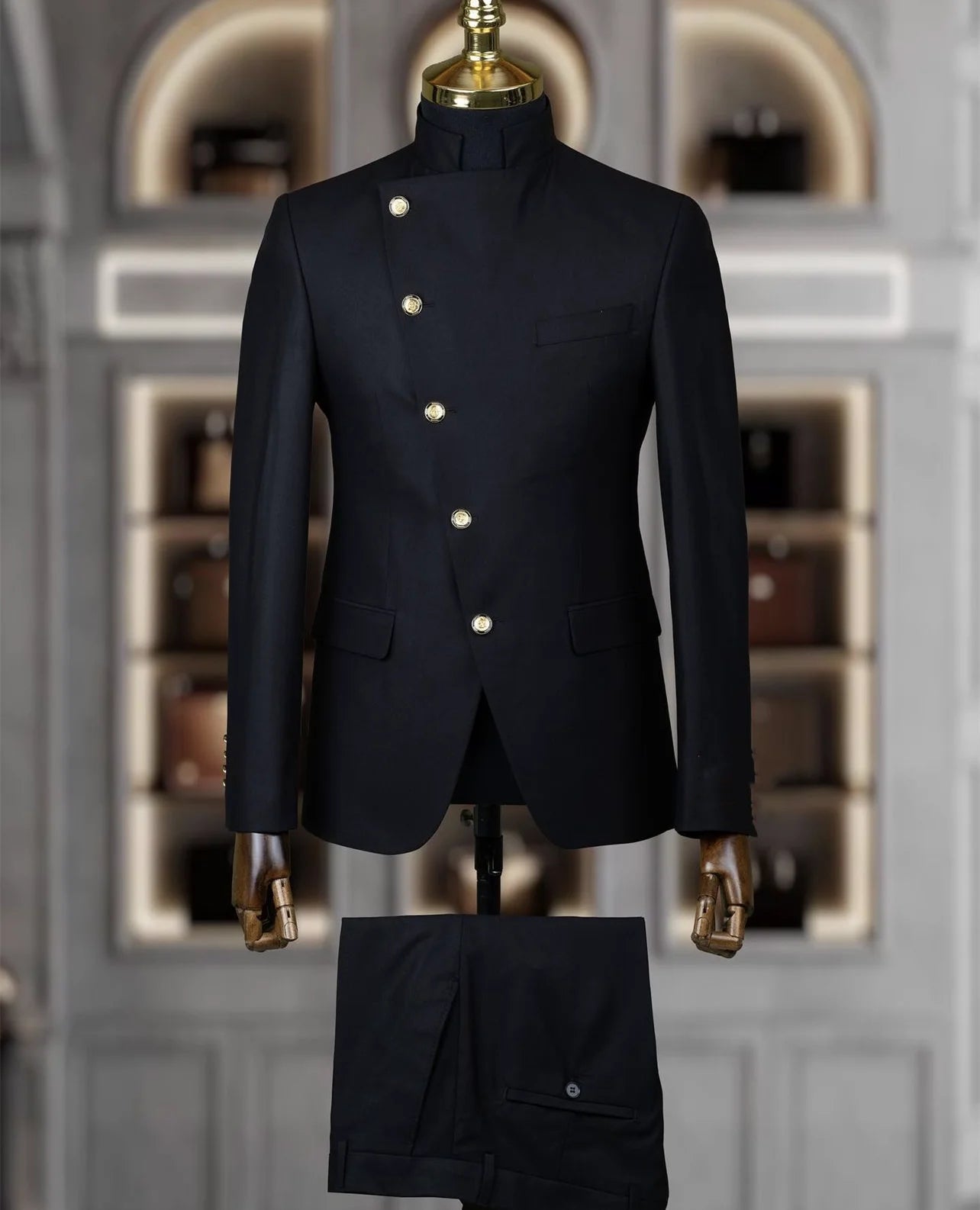 Men's East Style Slant-Breasted Slim Fit Suit Formal Indian Middle Stand-Up Collar