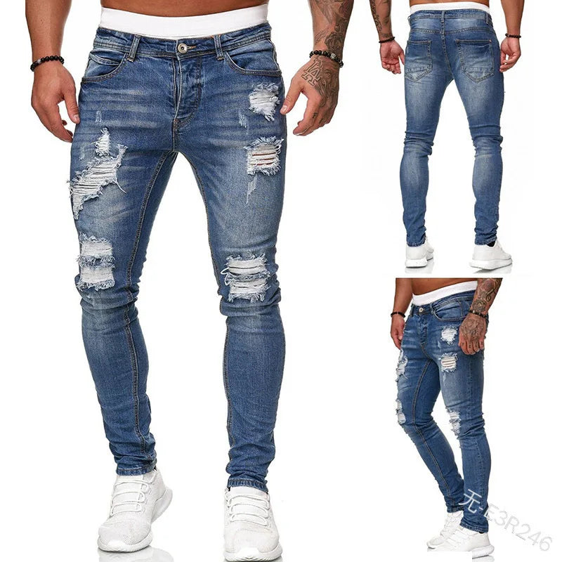 Men's Distressed Stretch Denim Jeans - Slim Fit Casual Pants