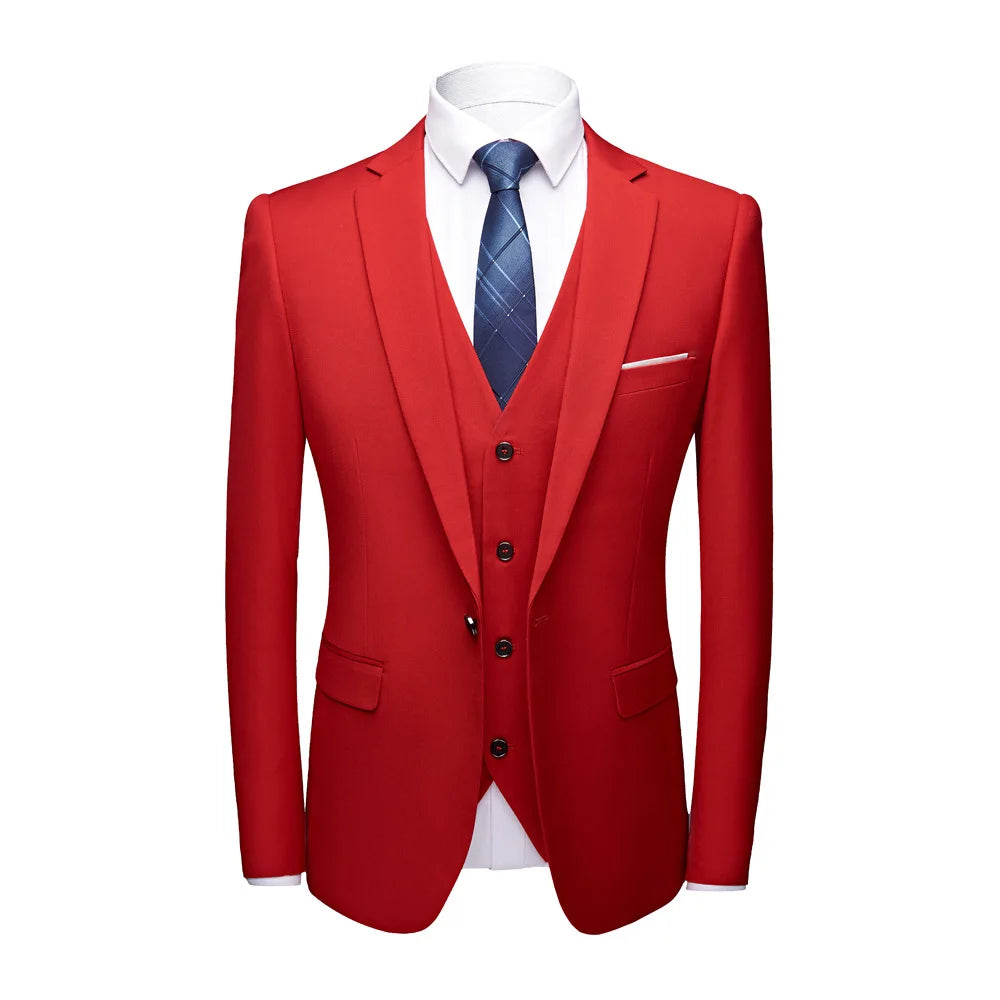 Men Suit Set Simple Solid Color Long Sleeve Male Outfit Single-breasted Slim Business Wedding Versatile Men Three-piece Suits