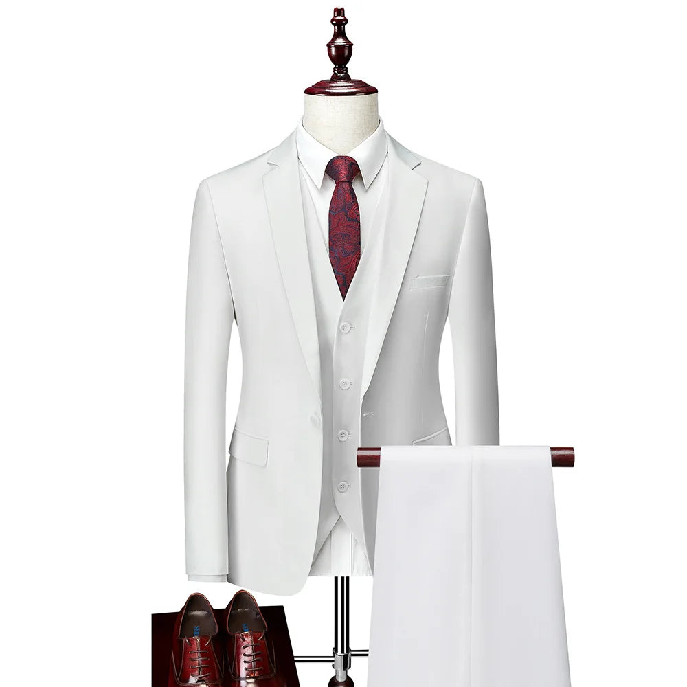 Men Suit Set Simple Solid Color Long Sleeve Male Outfit Single-breasted Slim Business Wedding Versatile Men Three-piece Suits