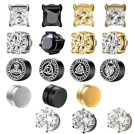 NONECN Crystal Strong Magnetic Ear Stud Clip Earrings - Non Piercing Zircon Punk Round Magnet Jewelry