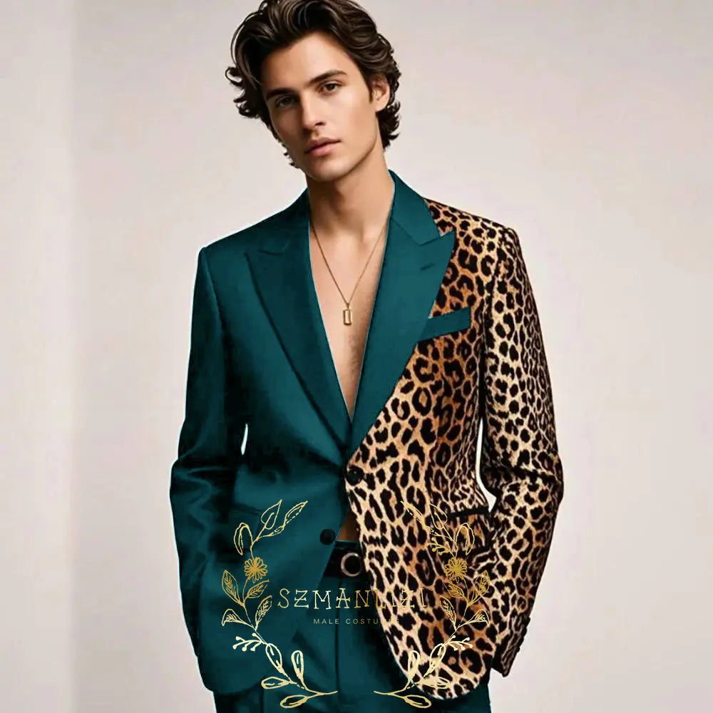 Fashion Suit for Men Leopard Print Peaked Lapel Slim Fit 2 Piece Jacket Pants Blazer Wedding Party Tuxedo Male Clothing