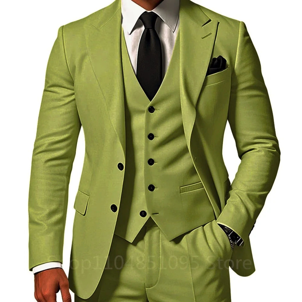3 Piece Solid Wedding Men Suits Formal Groom Tuxedos Prom Party Male Suits Fashion Men Clothing Set Peak Lapel Jacket Pants Vest