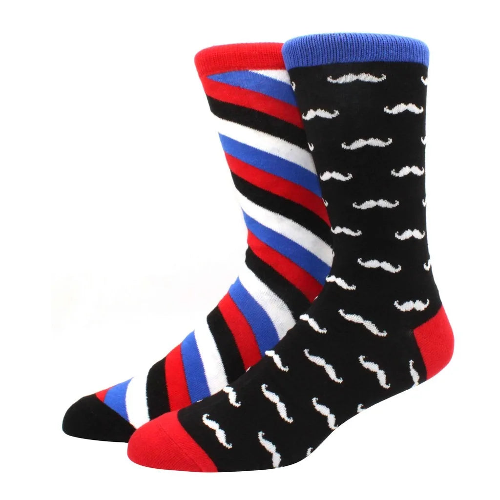 Men's Novelty Cotton Crew Socks - Mismatched Animal & Fruit Design