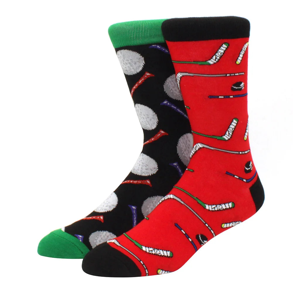 Men's Novelty Cotton Crew Socks - Mismatched Animal & Fruit Design