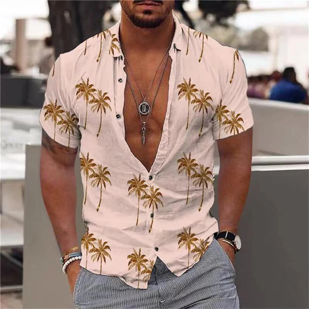 Men's Hawaiian Coconut Tree Print Shirt - Short Sleeve