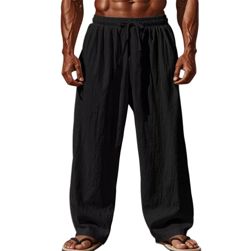 Men's Cotton Linen Casual Pants - Straight Leg Drawstring Trousers