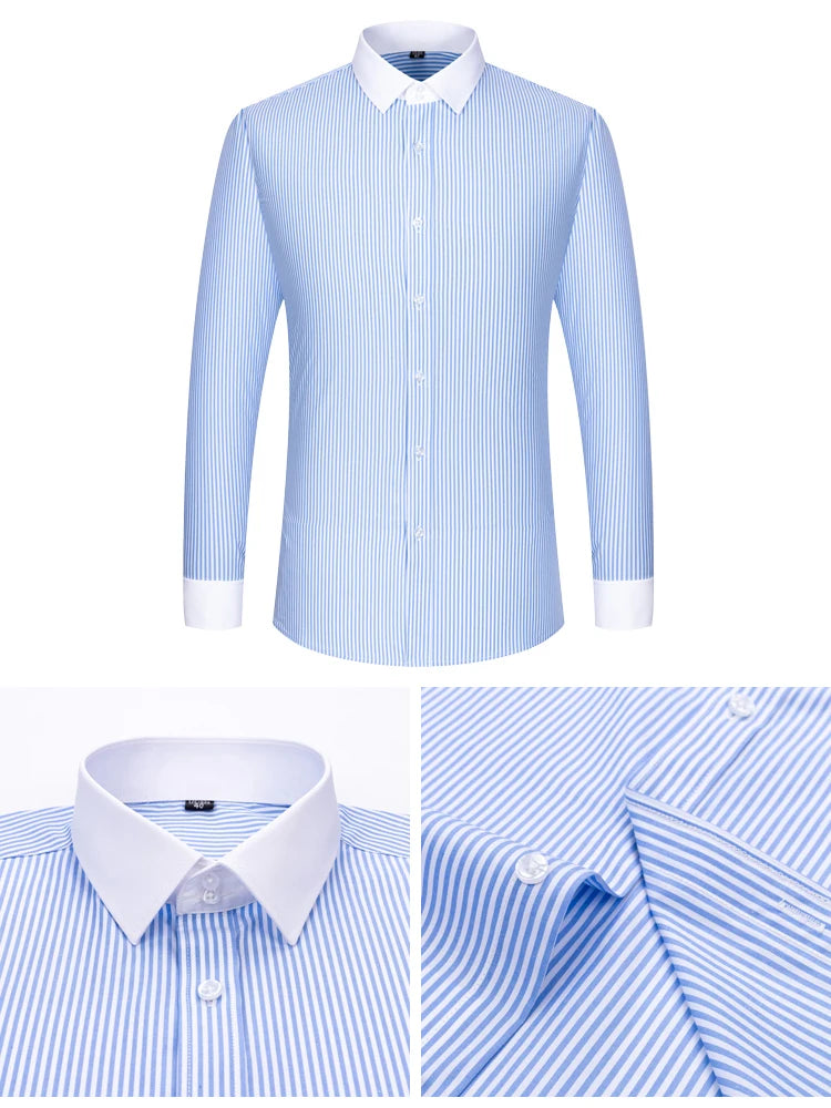 Men's Formal Long Sleeve Striped Shirt with French Cuffs & Contrast Spread Collar, Suitable for Business Wedding, All Seasons