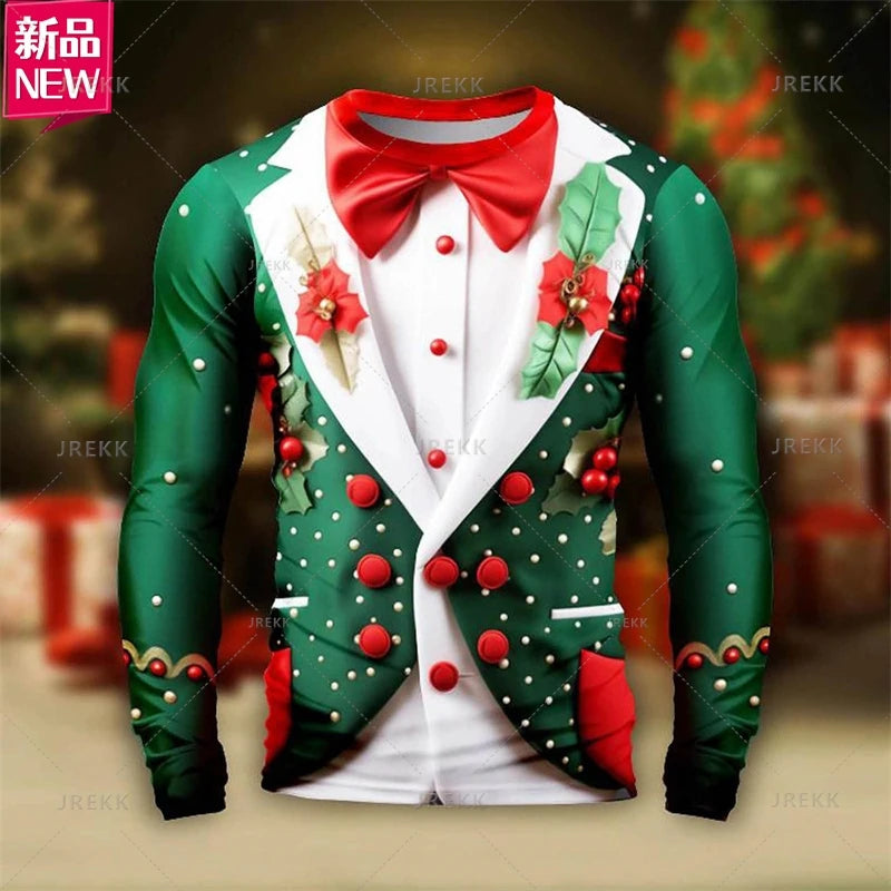 3D Printing Happy Christmas Long Sleeve T Shirt Suit Lapels Christmas Cosplay Graphic  Long Sleeve Crew Neck Shirt Mens Clothing