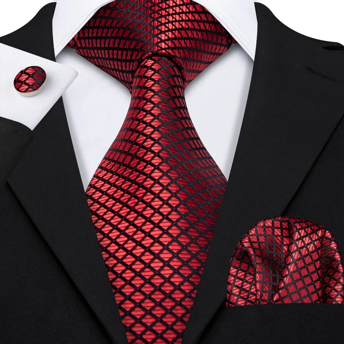 Barry.Wang Red Silk Mens Tie Hanky Cufflinks Set Burgundy Maroon Scarlet Carmine Rose Jacquard Necktie For Male Wedding Party