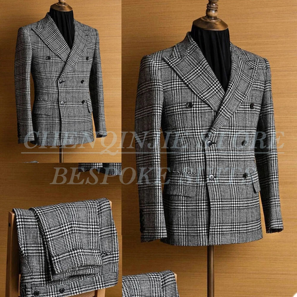 Fashion Double Breasted Men's Suits High Quality Peak Lapel Autumn Winter Daily 2 Piece Jacket Pants Outfits Male Clothing