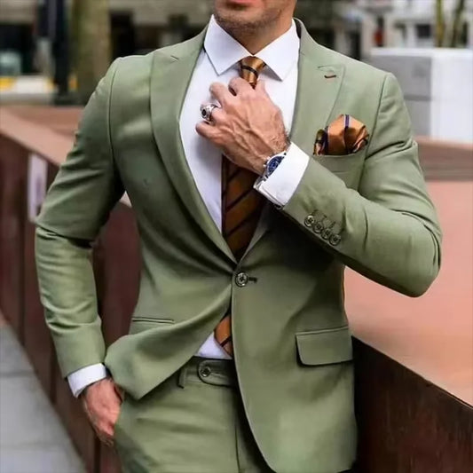 2-piece fashionable green men's suit, split collar jacket, long pants, men's clothing, slim fit, business men's formal