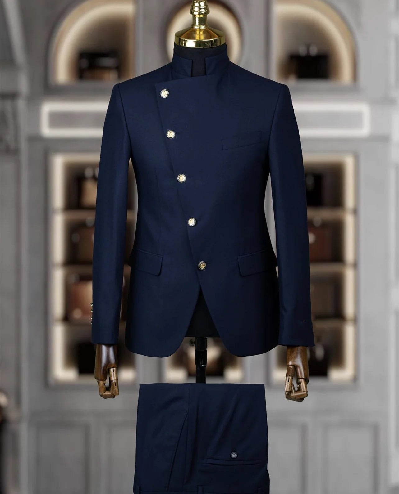 Men's East Style Slant-Breasted Slim Fit Suit Formal Indian Middle Stand-Up Collar