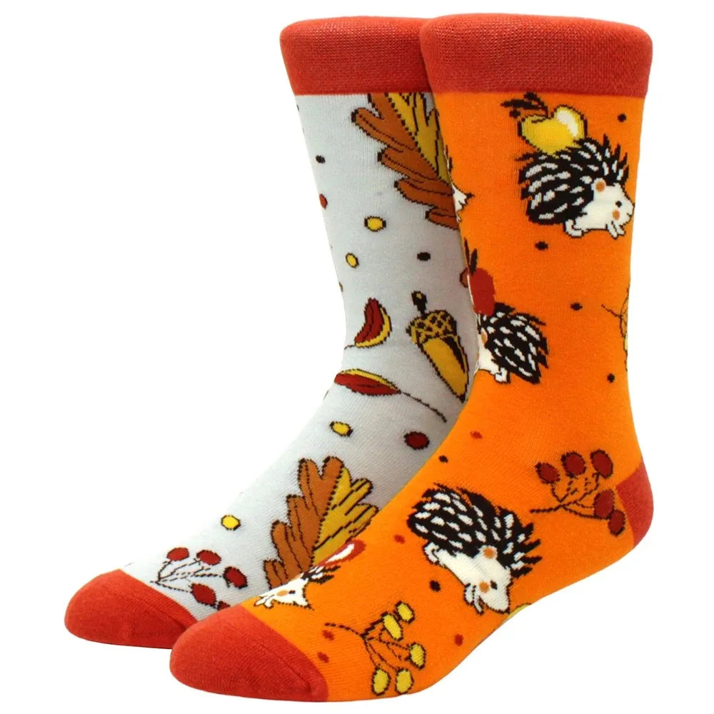 Men's Novelty Cotton Crew Socks - Mismatched Animal & Fruit Design