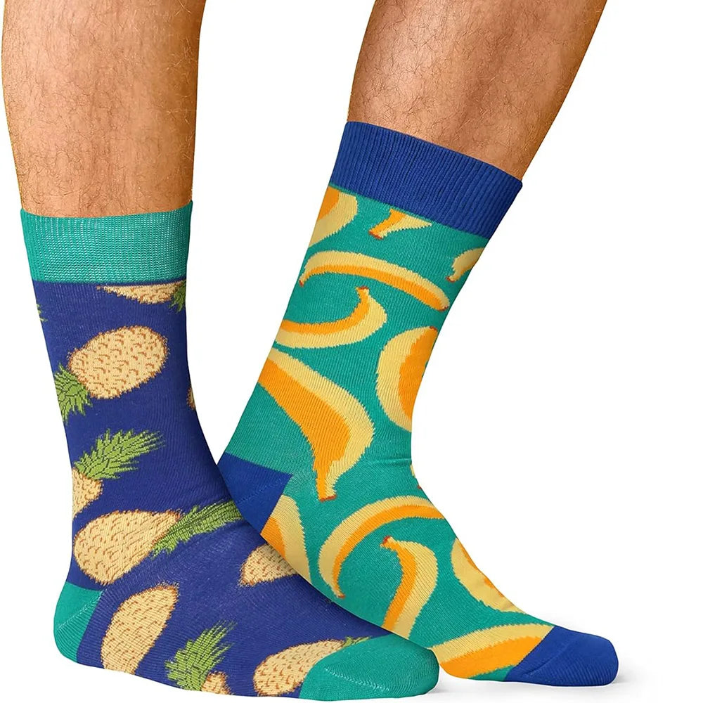 Men's Novelty Cotton Crew Socks - Mismatched Animal & Fruit Design