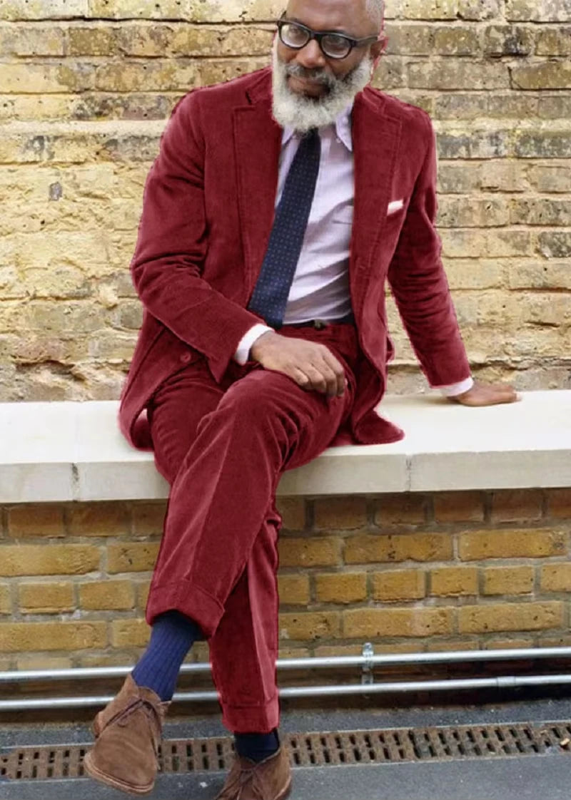 Men's Corduroy Casual Suit Fashion Single Breasted 2 Piece Set Jacket Blazer Pant Business Workwear Groom's Tailcoat Suit