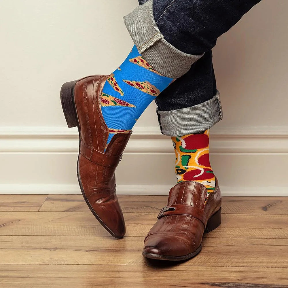 Men's Novelty Cotton Crew Socks - Mismatched Animal & Fruit Design