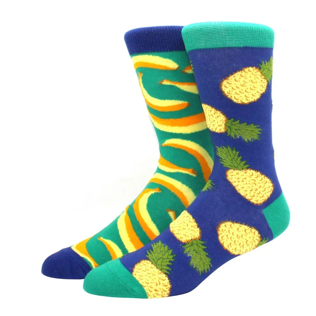 Men's Novelty Cotton Crew Socks - Mismatched Animal & Fruit Design