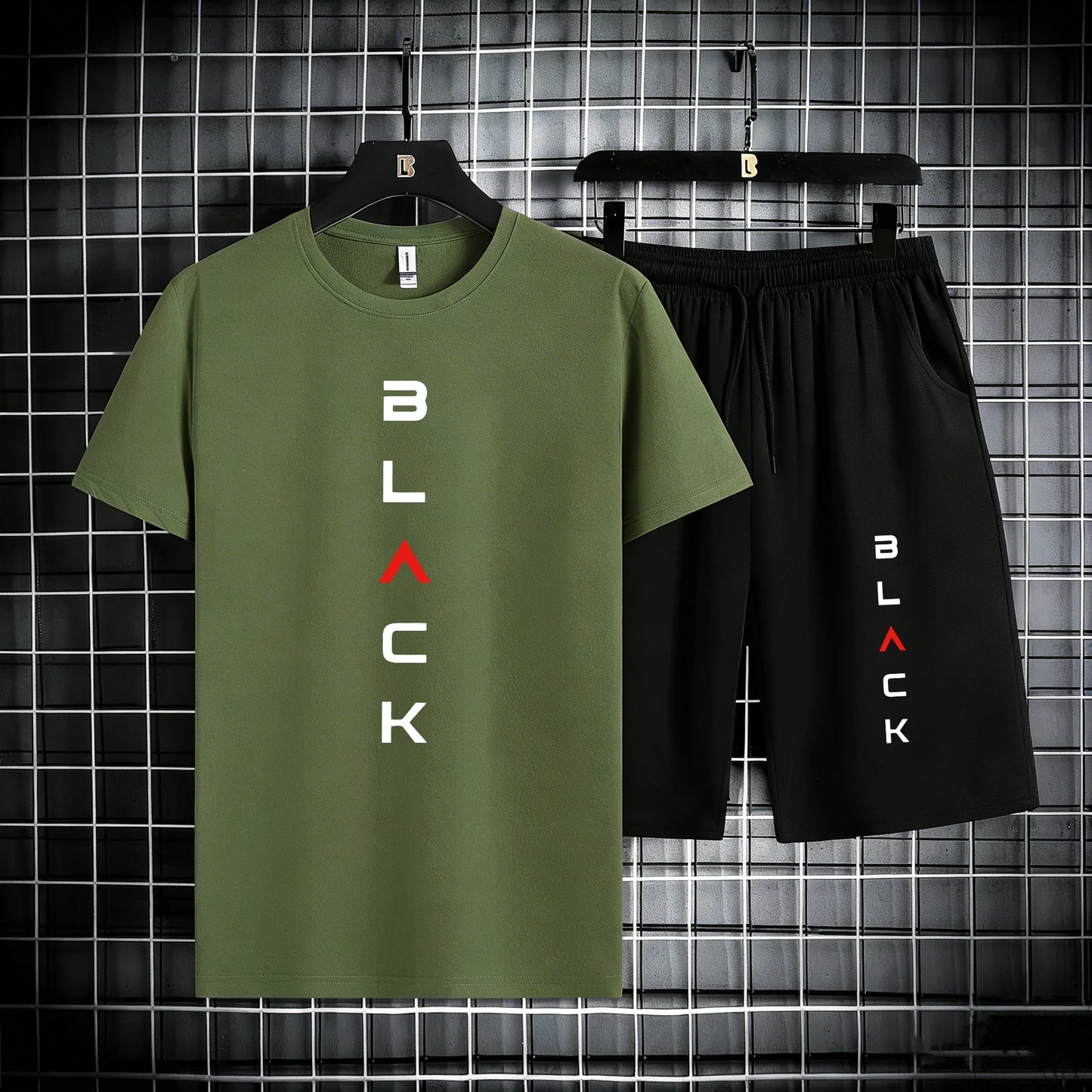 Black Simple Letter Pattern Mens Cotton Summer Classic Short Suits Cool All-Match Streetwear Soft Pocket Bottom Daily 2Pc Set