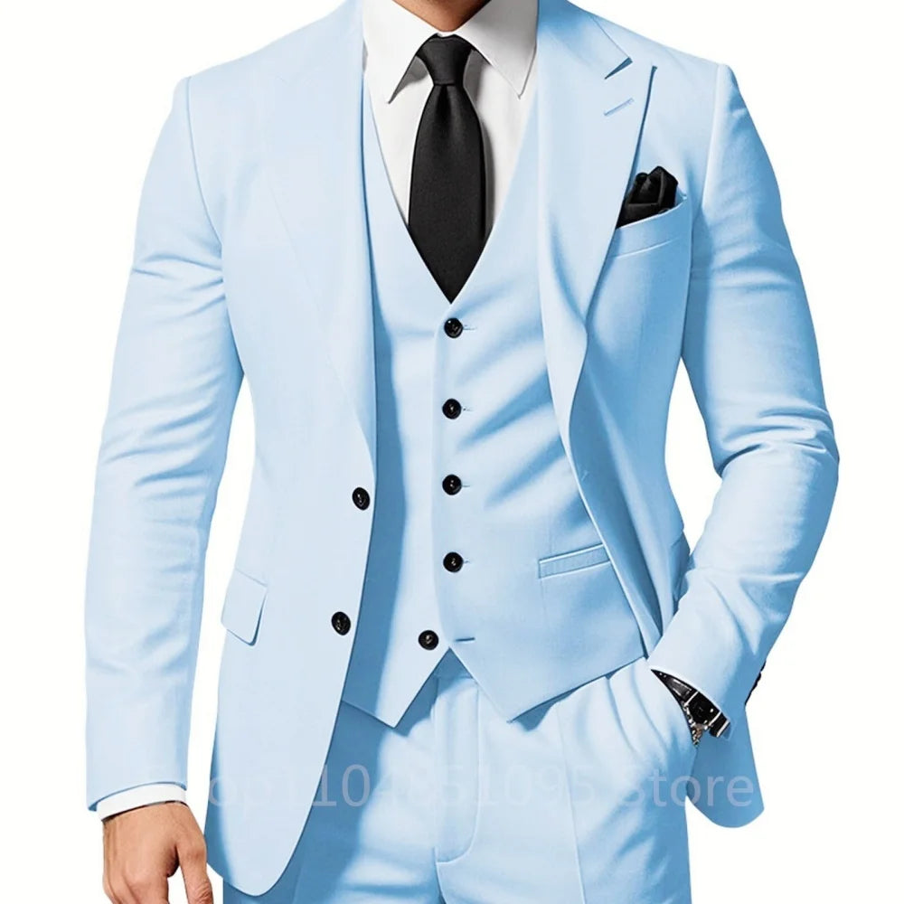 3 Piece Solid Wedding Men Suits Formal Groom Tuxedos Prom Party Male Suits Fashion Men Clothing Set Peak Lapel Jacket Pants Vest