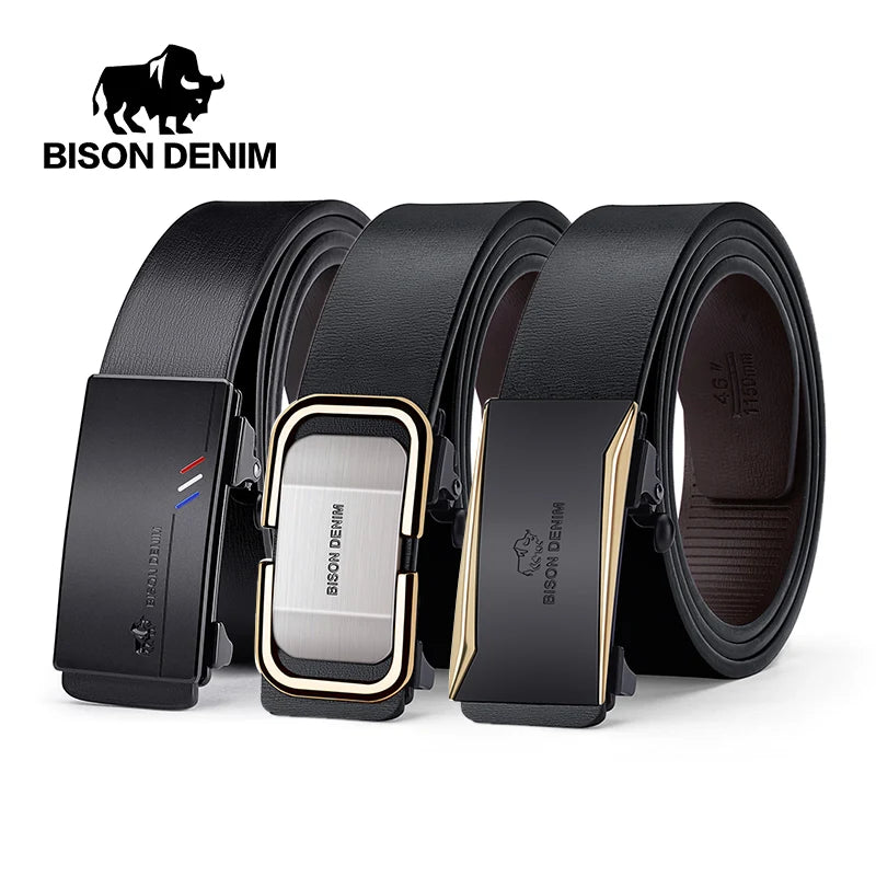 BISON DENIM Men's Genuine Leather Belt with Automatic Buckle