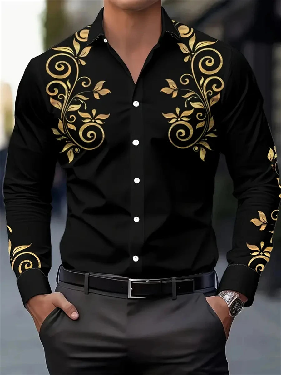 Men's Fashion Floral Print Shirt, Casual Breathable Lapel Button Long Sleeve Shirt For Spring Men’s Clothing Men's Formal Tops