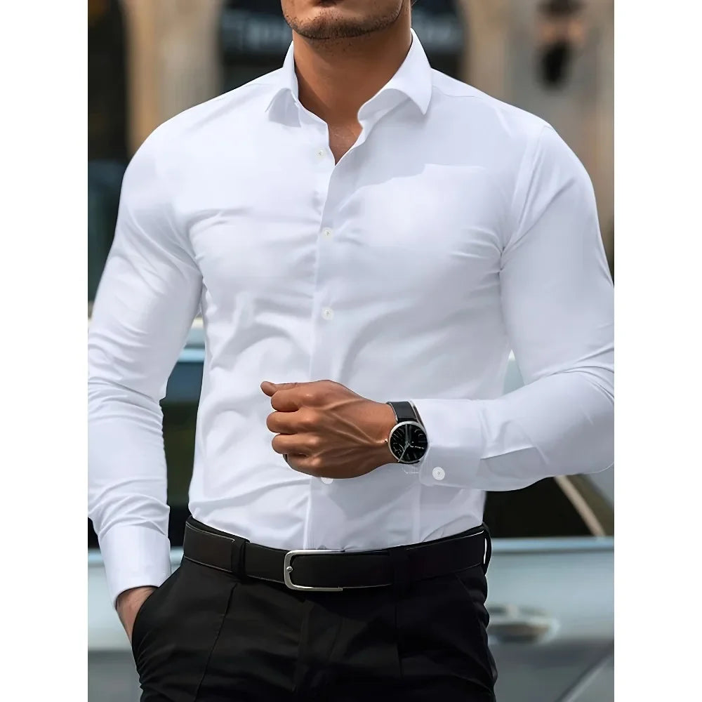 Men's Solid Color Elastic Long Sleeve Four Seasons Smart Casual Business Shirt