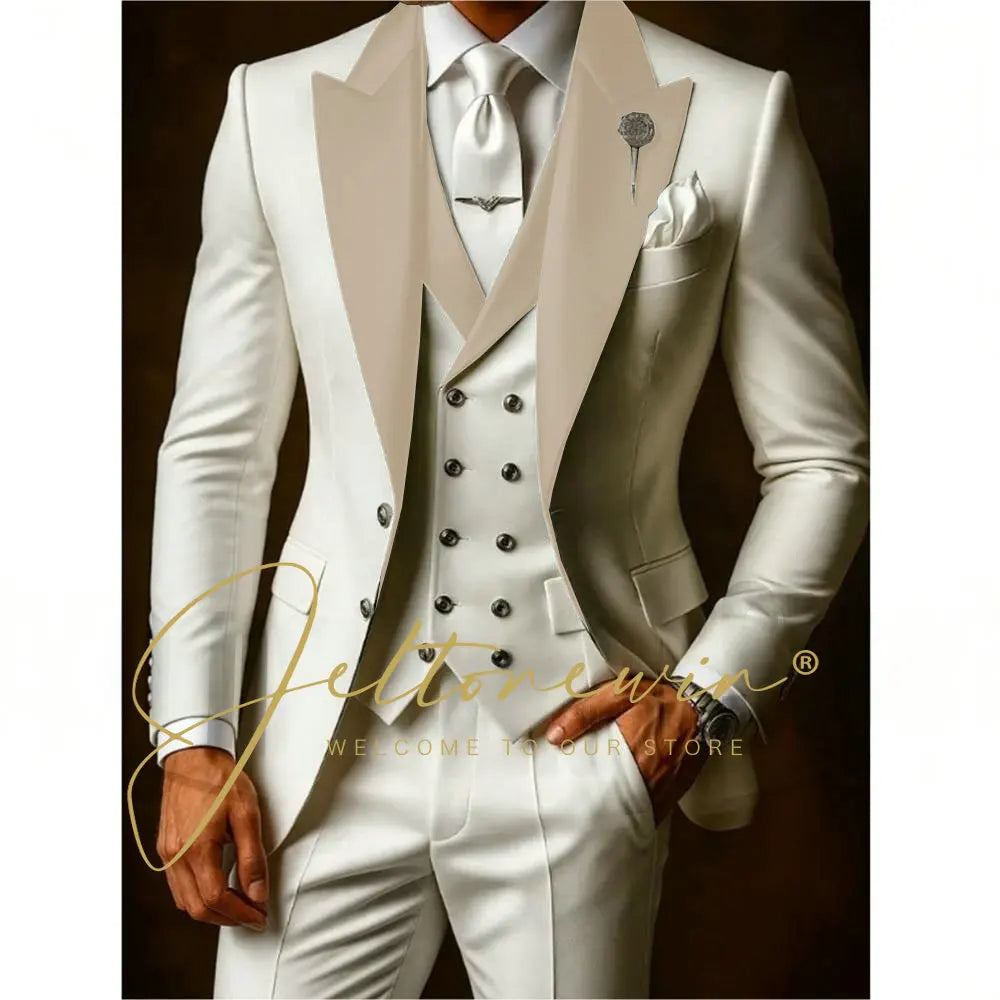 White Suit Set For Men Wedding Party Fashion Blazer Vest Pants Formal  Groom Groomsmen Tailor-made Male High Quality Tuxedos