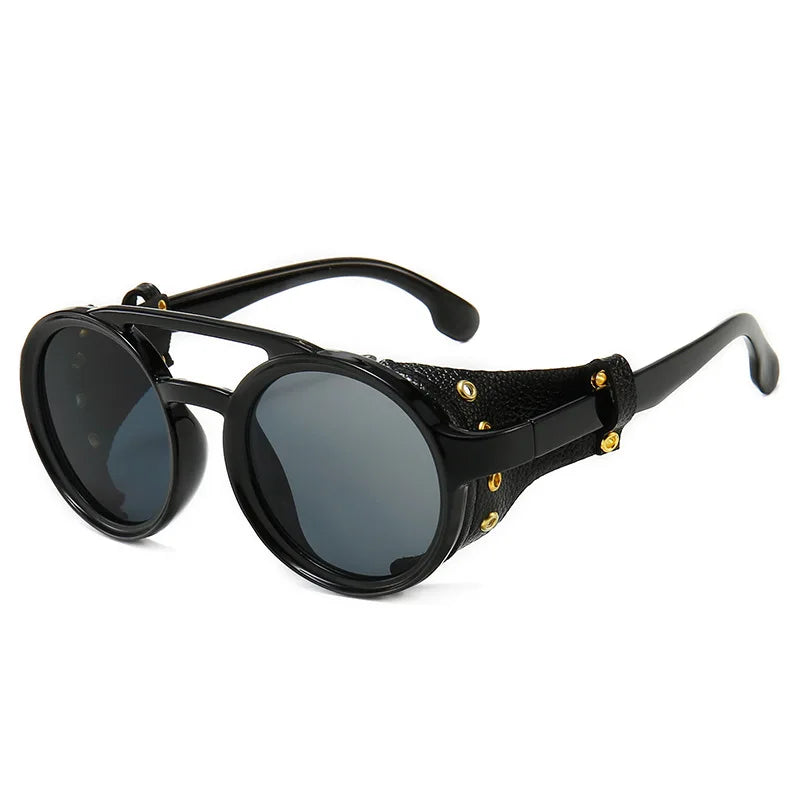 Steampunk Shield Sunglasses with Leather Side Guards - UV400 Protection