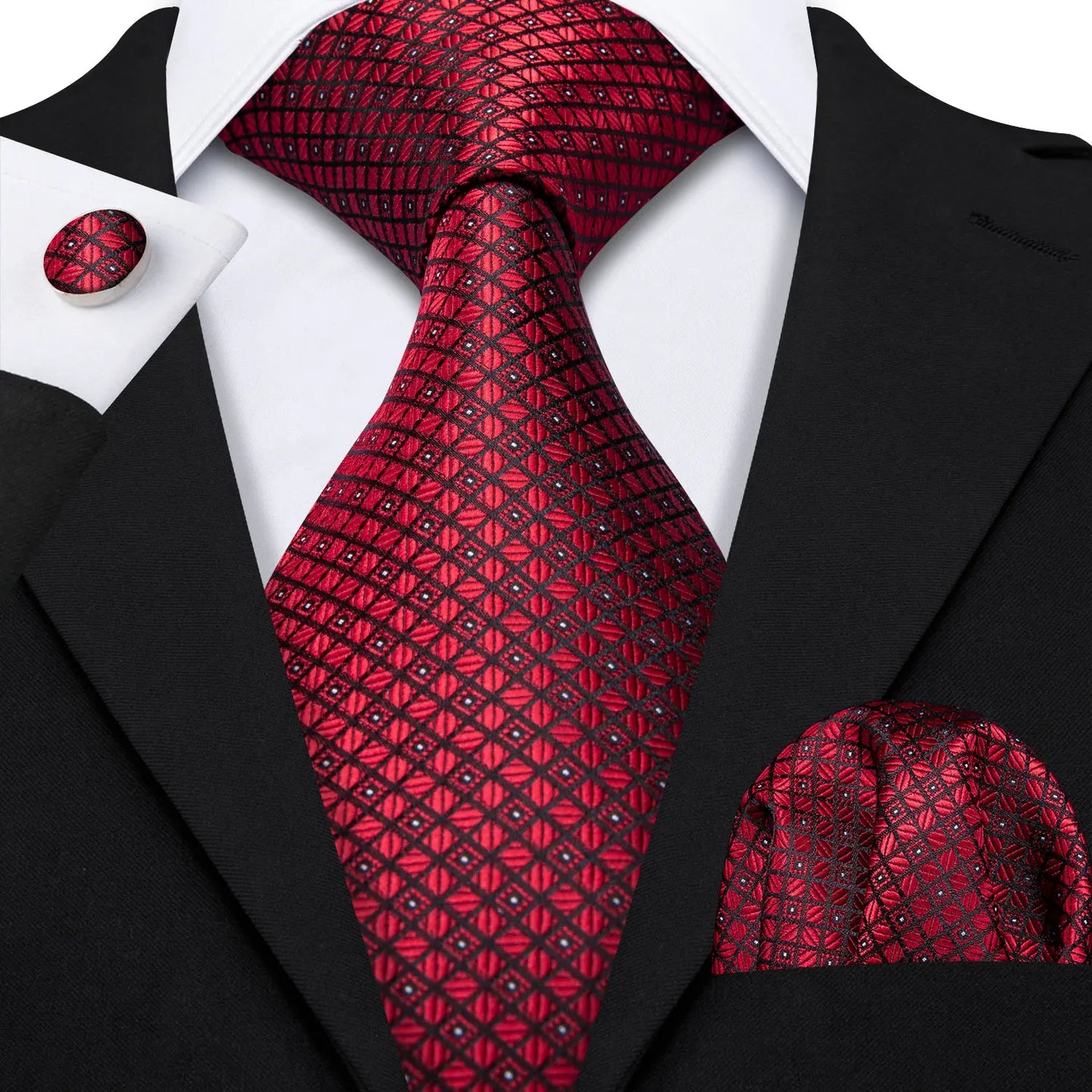 Barry.Wang Red Silk Mens Tie Hanky Cufflinks Set Burgundy Maroon Scarlet Carmine Rose Jacquard Necktie For Male Wedding Party